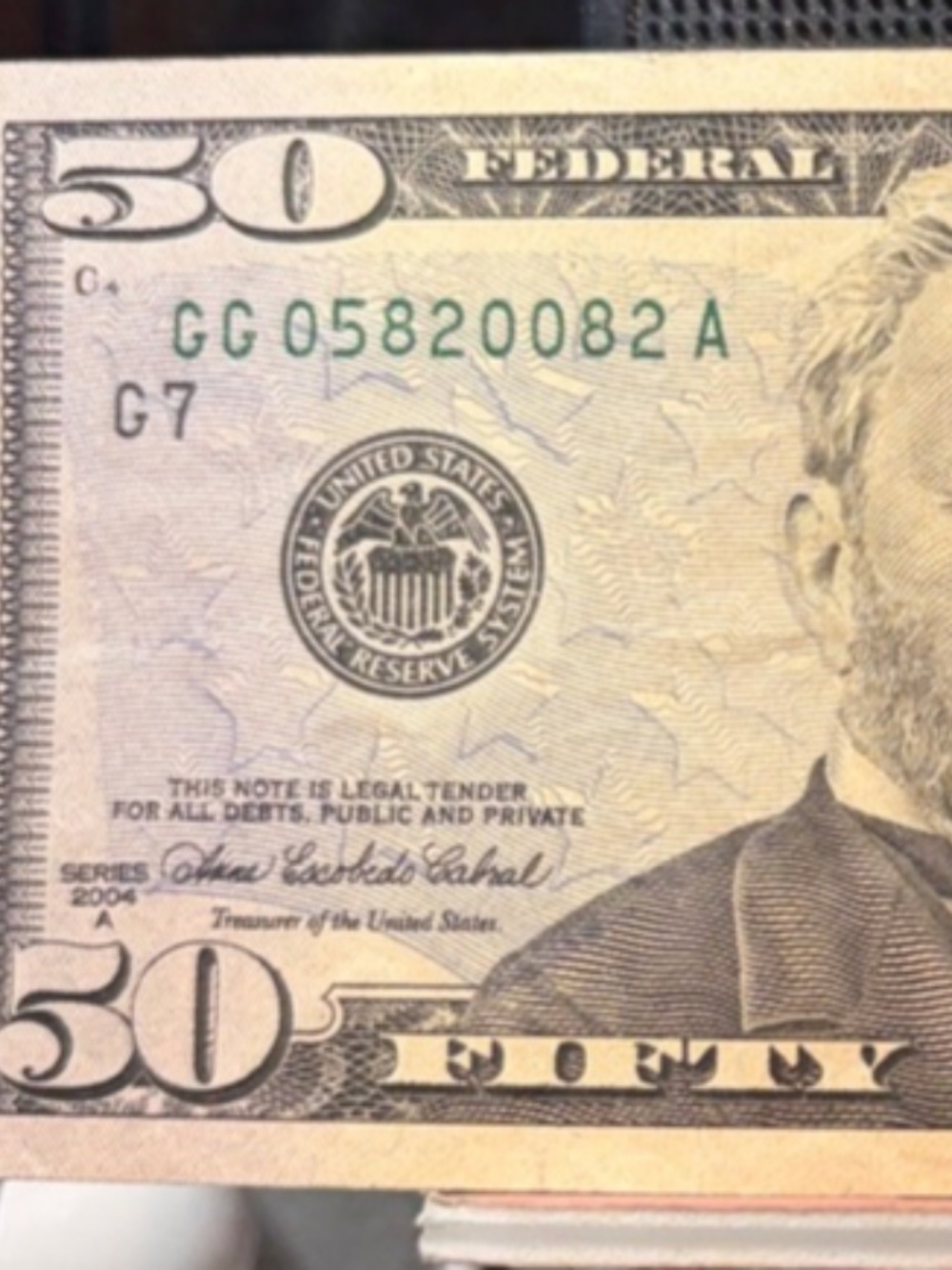 $50 Bill 2004 Slight Tear Low # Gg 05820082 A  #206529475118